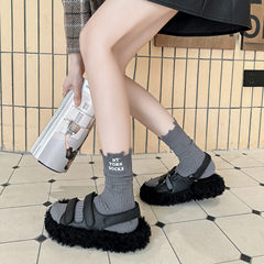 破洞襪英文刺繡襪子女 ins風街頭潮流時尚中筒棉襪純色運動風女襪