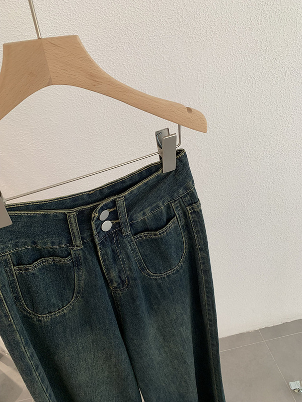 Omalai ダークブルーダブルポケットワイドレッグジーンズ女性の秋ルーズハイウエスト多用途フロアレングスパンツ 10352|undefined