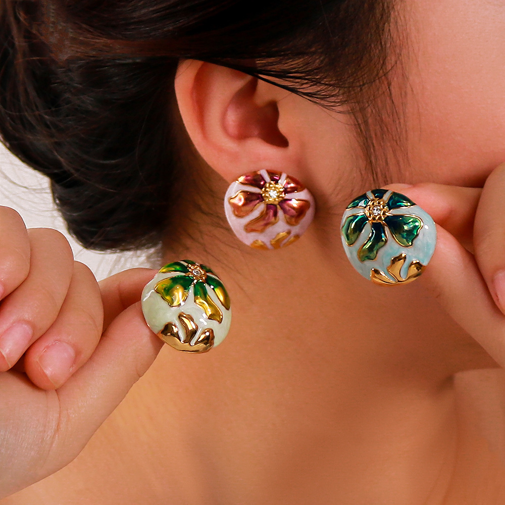 304 Stainless Steel Ear Needle Material 18K Real Gold Plated Plating Material 1 Pair IG Style Simple Style Leaf Insect Flower Enamel Inlay 304 Stainless Steel Zircon Ear Studs