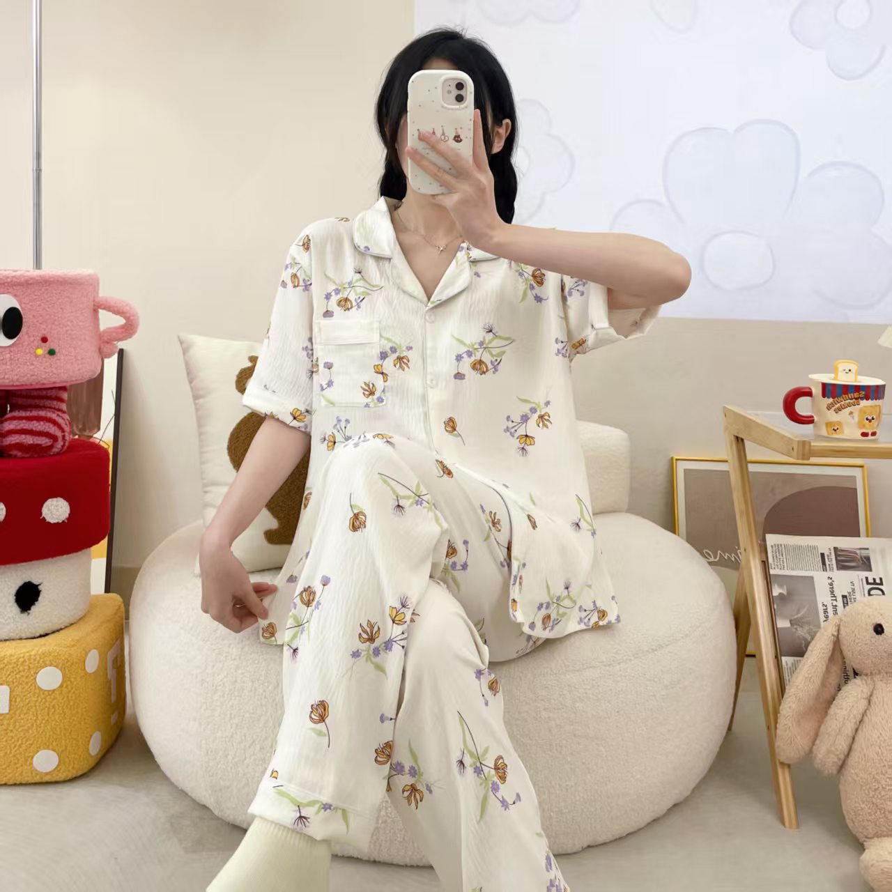 Comercio exterior al por mayor nubes de algodón de manga corta pantalones cardigans con la solapa pijamas de dibujos animados de mujer verano dulce ropa doméstica transfronteriza