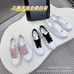 高版本小香风熊猫厚底板鞋女字母拼色系带增高透气运动休闲小白鞋