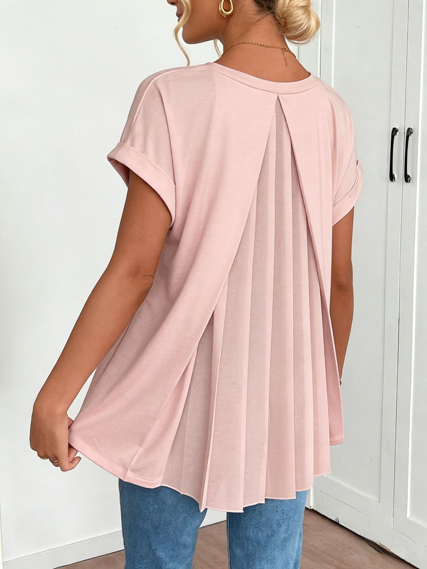 Women's Clothing Spring Women's Cross Border Top V Neck Short Sleeve Pleated Fashionable And Stylish Women's Clothing_ecoleips.com