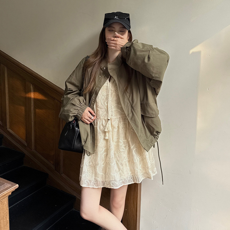 Officially Matched! French Fine Glitter Fairy Embroider Dress/Tencel Cotton Washed Retro Military Green Jacket Windbreaker Jacket