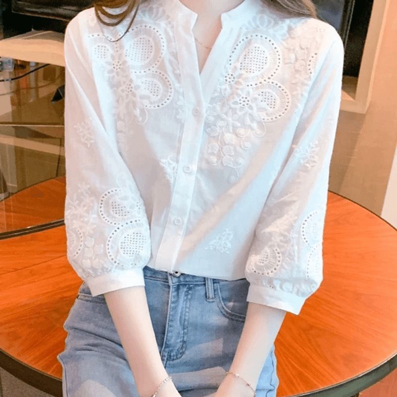 纯色衬衫女2025夏季绣花镂空七分袖V领纯棉衬衣洋气减龄通勤小衫|undefined