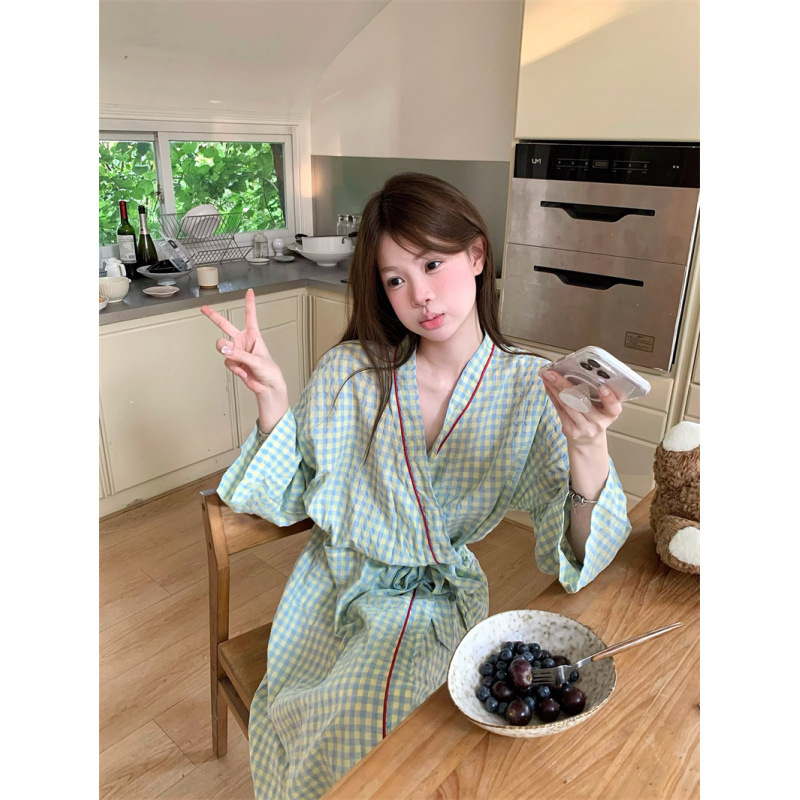 Korean Ins New Product Cute Plaid Bathrobe Long Loungewear Pajamas Comfortable Nightgown
