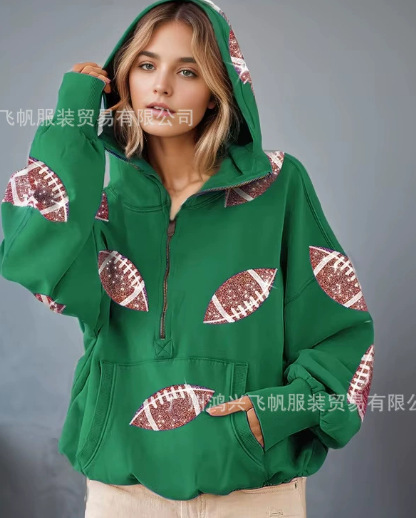 外贸亚马逊春秋榄球连帽卫衣欧美女装拉链抽绳长袖套头上衣定 制|undefined