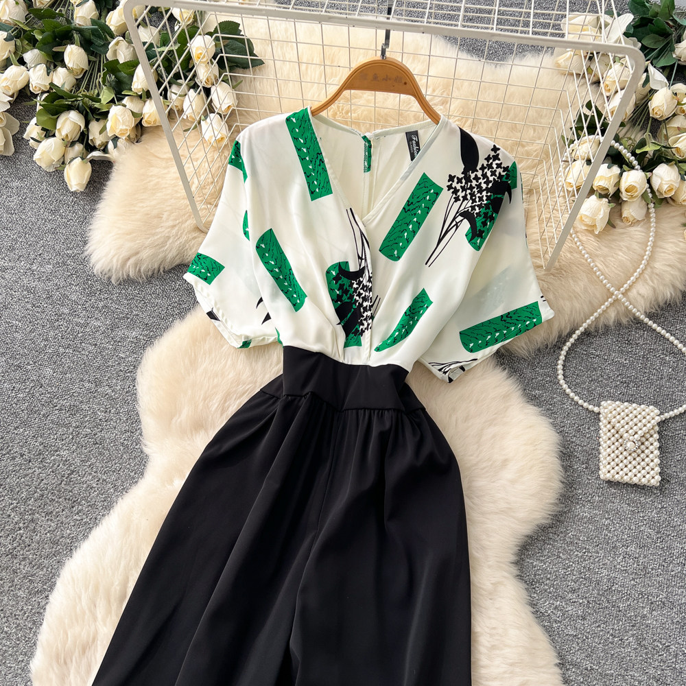 Korean Style Women's V Neck Jumpsuit High Waisted Wide Leg Pants Slimming Print Workwear Summer Elegant Long Romper_ecoleips.com