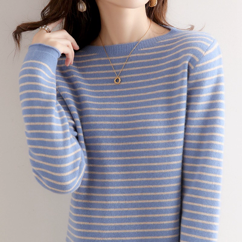 Новая Женская Базовая рубашка в полоску с круглым вырезом в Корейском стиле, приталенный пуловер с длинными рукавами, модный вязаный свитер 2023, осень и зима