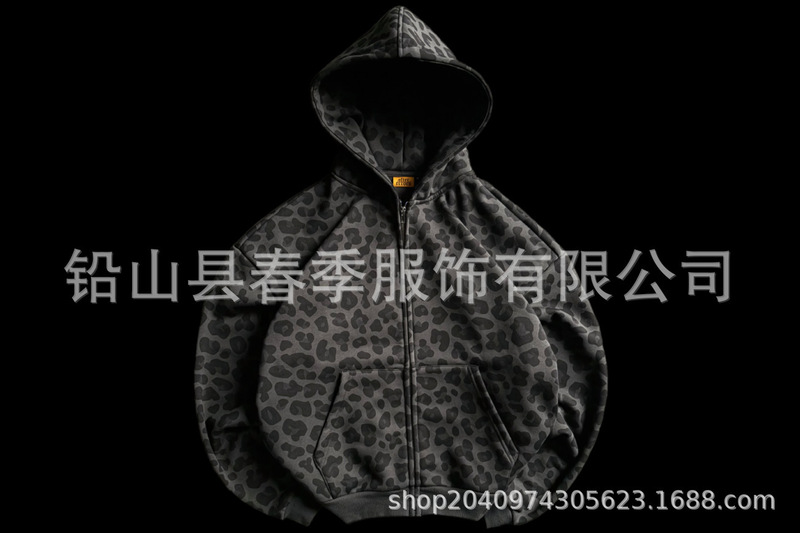 秋季新款美式豹纹数码印花连帽衫宽松套头加绒卫衣|undefined