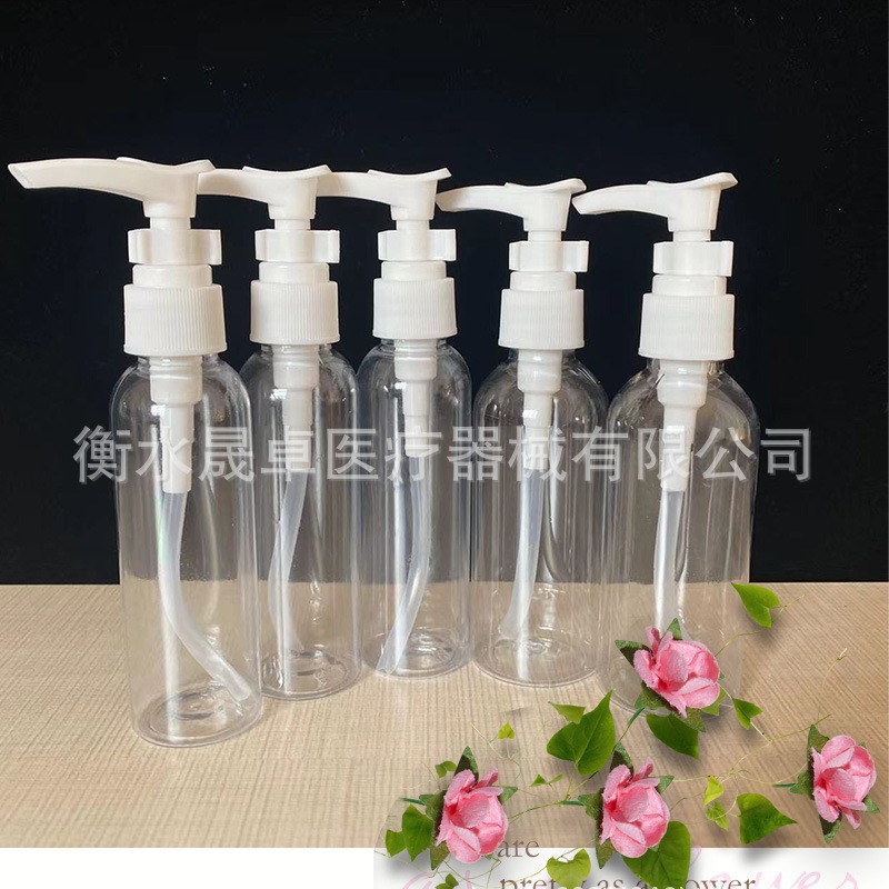 En stock 60 80 100mL botella de desinfectante de manos transparente de hombro redondo botella de plástico para mascotas botella de loción cosmética tipo prensa