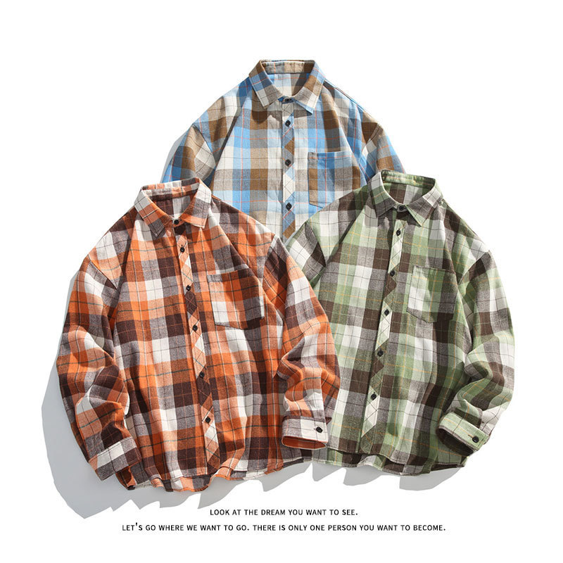 2025跨境秋季新款韩版男士复古格子大码翻领长袖衬衫宽松休闲衬衣