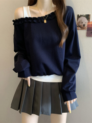 藏青色边假两件斜肩卫衣女秋季新款大码胖mm遮肚显瘦长袖上衣