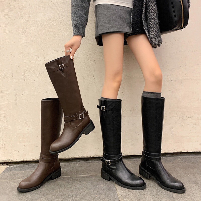 Adjustable Wide Tube Leather Buckle Straight-Leg Full Cowhide Riding Boots 2025 Thick Mid-Heel Round-Toe Genuine Leather High Boots for Women