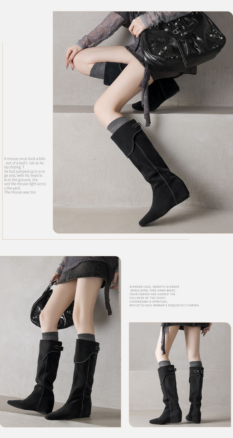 Boot nữ cổ cao da mờ phong cách Wasteland, đế xuồng tăng chiều cao, mùa thu đông — Màu nâu, xanh xám chi tiết 6