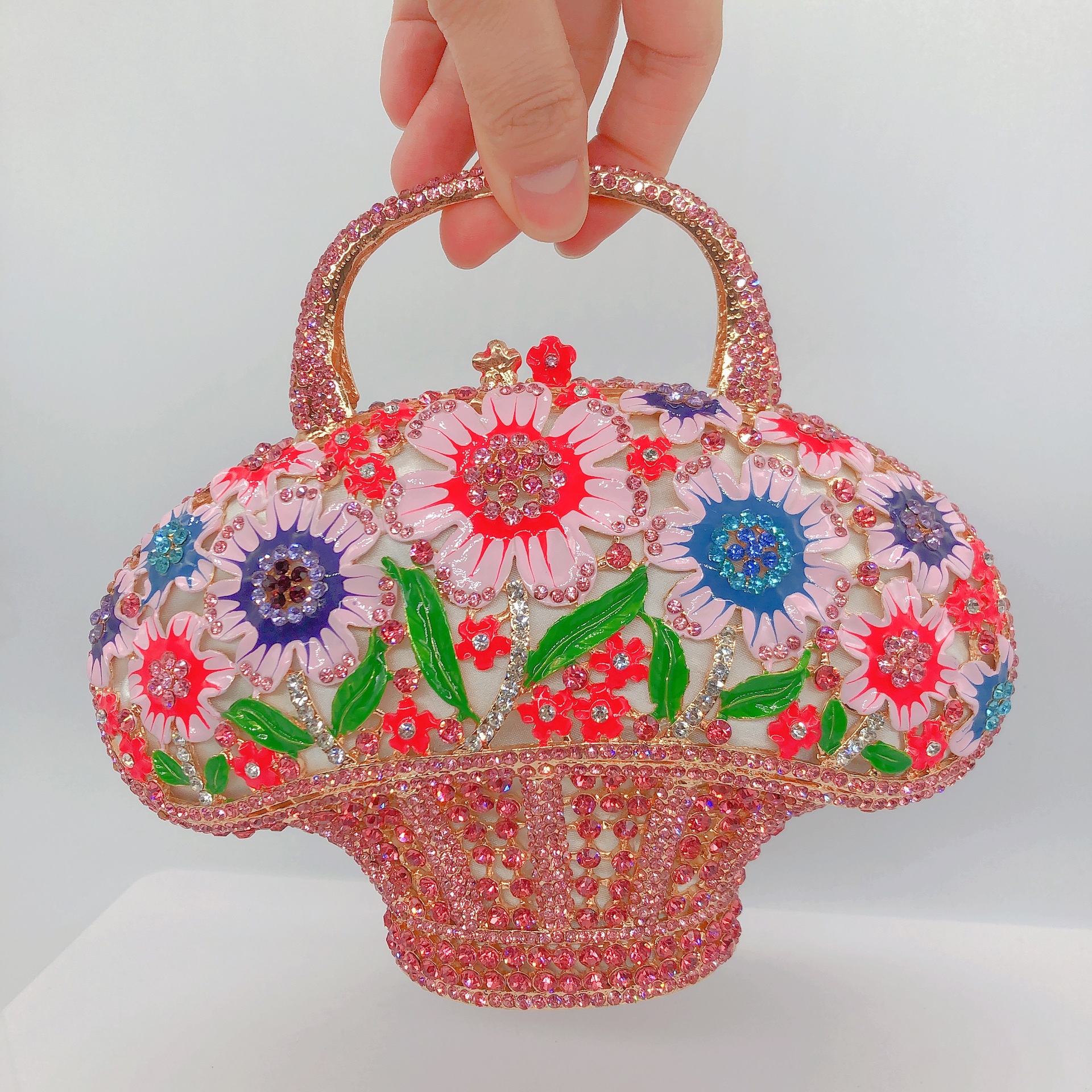 Túi clutch cầm tay giỏ hoa đính kim cương phong cách Hàn Quốc — Phấn màu/Hoa Hồng chi tiết 9