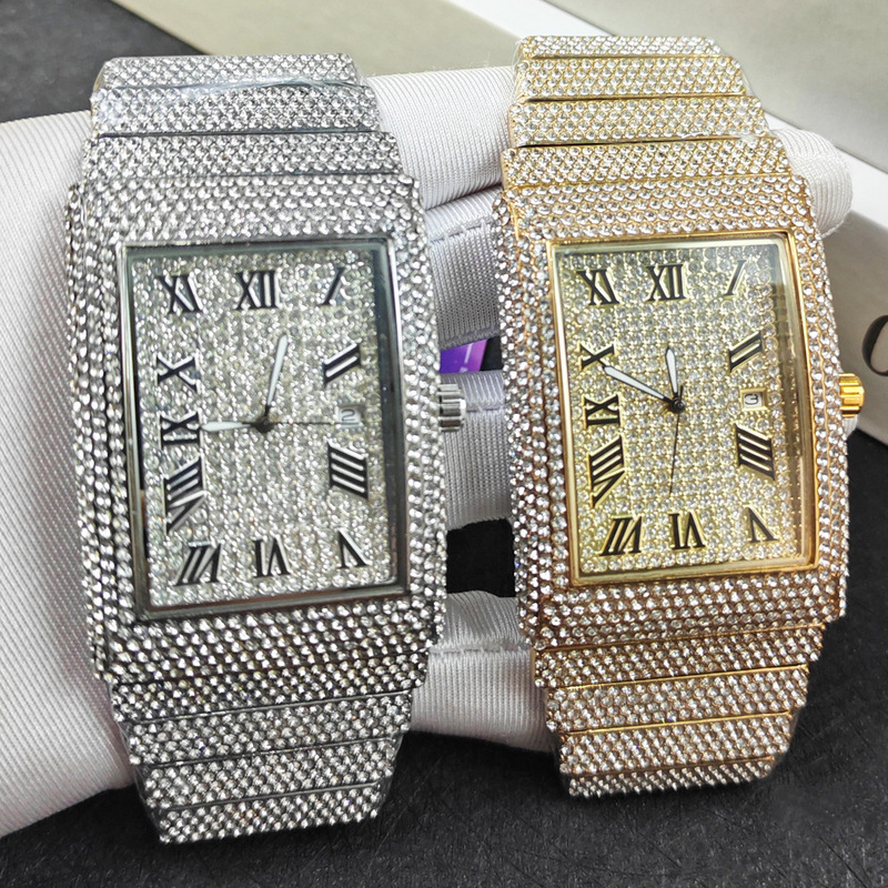 Diamond Watch Hip Hop Watch Gypsophila Square Men's Watch Gold Watch Waterproof Calendar Quartz Watch Wristwatch
