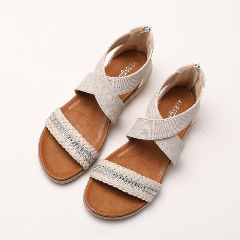 Rhinestone Woven Wedge For Women Summer New Bohemian Open-Toe Platform Roman Sandals_vogvips.com