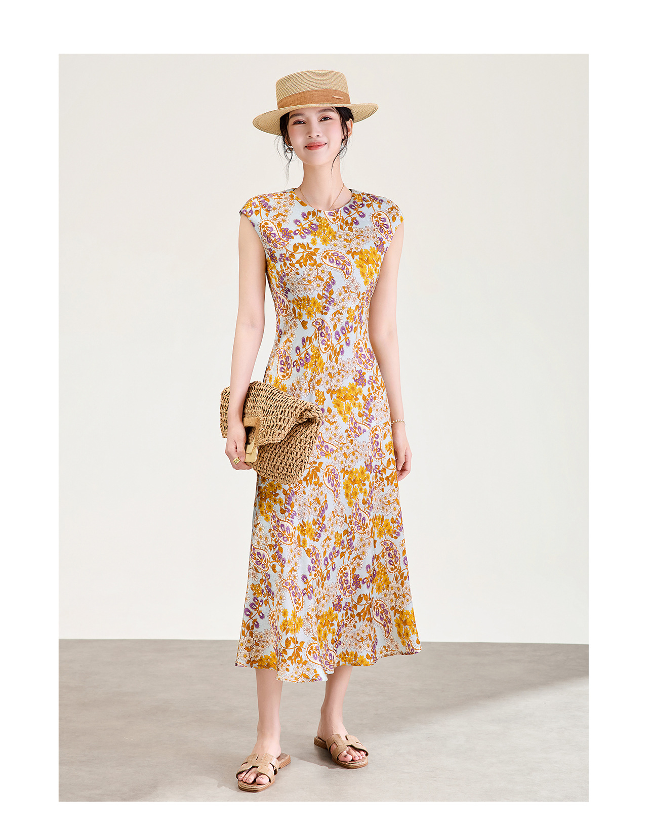 Đầm maxi nữ thắt eo họa tiết hoa vintage phong cách Pháp — màu cam chi tiết 14
