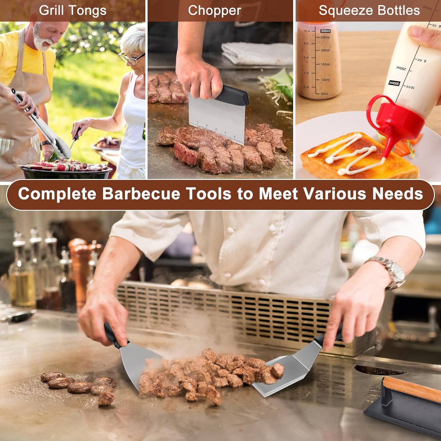 Amazon Hot sale acero inoxidable placa de acampamiento al aire libre BBQ hamburguesas pala de cocina combinación de herramientas de barbacoa