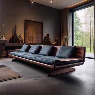 New Chinese Style Black Walnut Straight Sofa Living Room 2025 New Zen Style House Hotel B&B Office Sofa