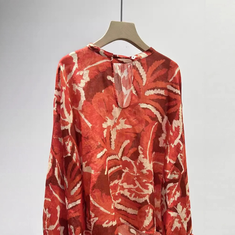 Retro Red Printed Linen Shirt for Work Clothing French Petty Bourgeoisie Lazy and Relaxed Elegant Women's Top Summer