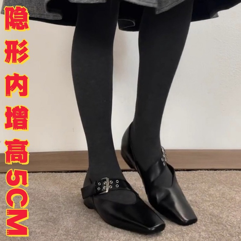 现货~内增高5cm个性黑色复古小皮鞋女一字扣方头玛丽珍鞋浅口单鞋|undefined