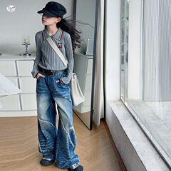 女童2025年秋季新款学院风毛线上衣女孩春秋翻领针织衫毛边阔腿裤