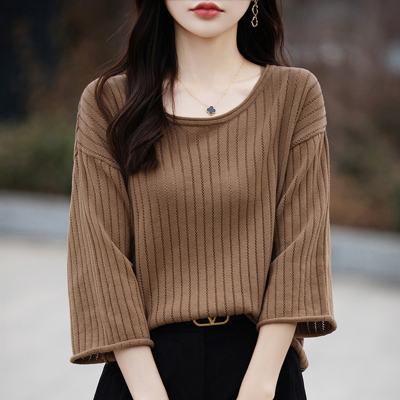 Three-Quarter Sleeve Summer Women's Pure Cotton Hollow-Out Knit Pullover T-Shirt, Large Size Three-Quarter Sleeve T-Shirt for Women Three-Quarter Sleeve Summer Women's Pure Cotton Hollow-Out Knit Pullover T-Shirt, Large Size Three-Quarter Sleeve T-Shirt for Women