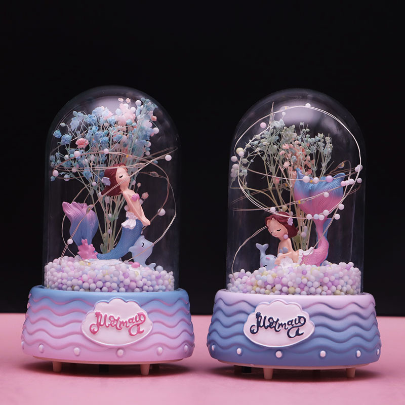 美人鱼小夜灯音乐盒永生花干花玻璃罩桌面装饰星星摆件学生礼物|ms