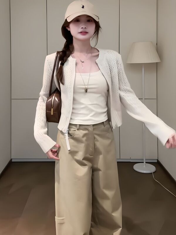 米色针织开衫外套女装秋季2025新款慵懒风宽松吊带外搭罩衫上衣夏|undefined