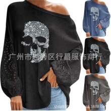 2021亚马逊爆款女士骷髅头印花长袖圆领宽松上衣T恤