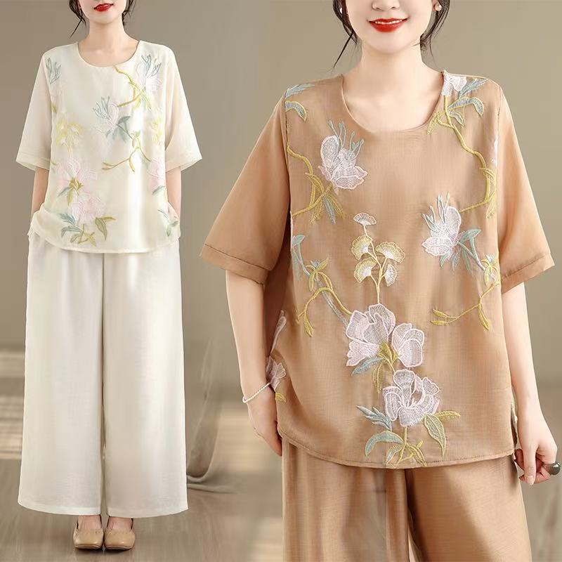 Vintage Embroidered Silk and Linen Set for Women 2026 New Style Artistic Loose Round-Neck Shirt and Elastic Waist Wide-Leg Pants Two-Piece Set