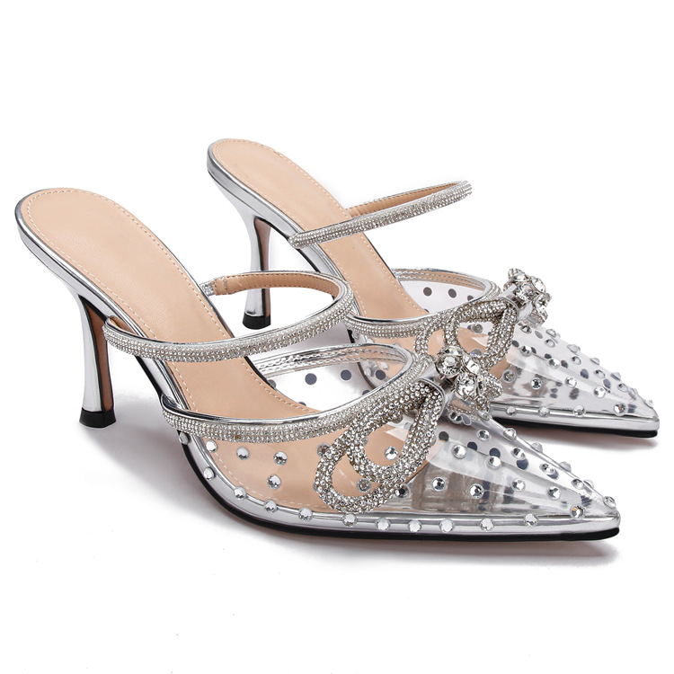 Huizhou's New Rhinestone Transparent High-Heeled Sandals Women's Stiletto Pointed Toe European and American High-Heeled Shoes with Toe Cap Foreign Trade