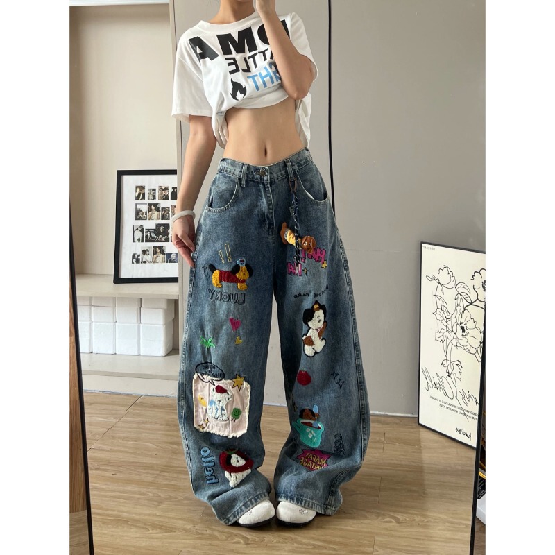 Tummy-control slimming embroidered wide-leg pants, casual new women's clothing, leg-lengthening floor-length high-waisted jeans, trendy blue