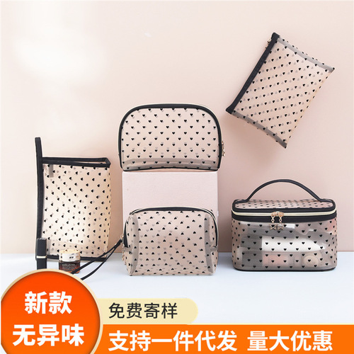 New Love Mesh Cosmetic Bag Set Transparent Toiletries Bag Wholesale Travel Storage Bag Large Capacity Handbag