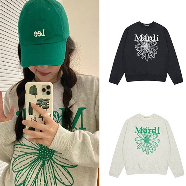 [Three Complete Standards] Mardi Korean Trendy Brand Sweatshirt Daisy Dachshund Dog Print Embroider Pure Cotton Round Neck Print