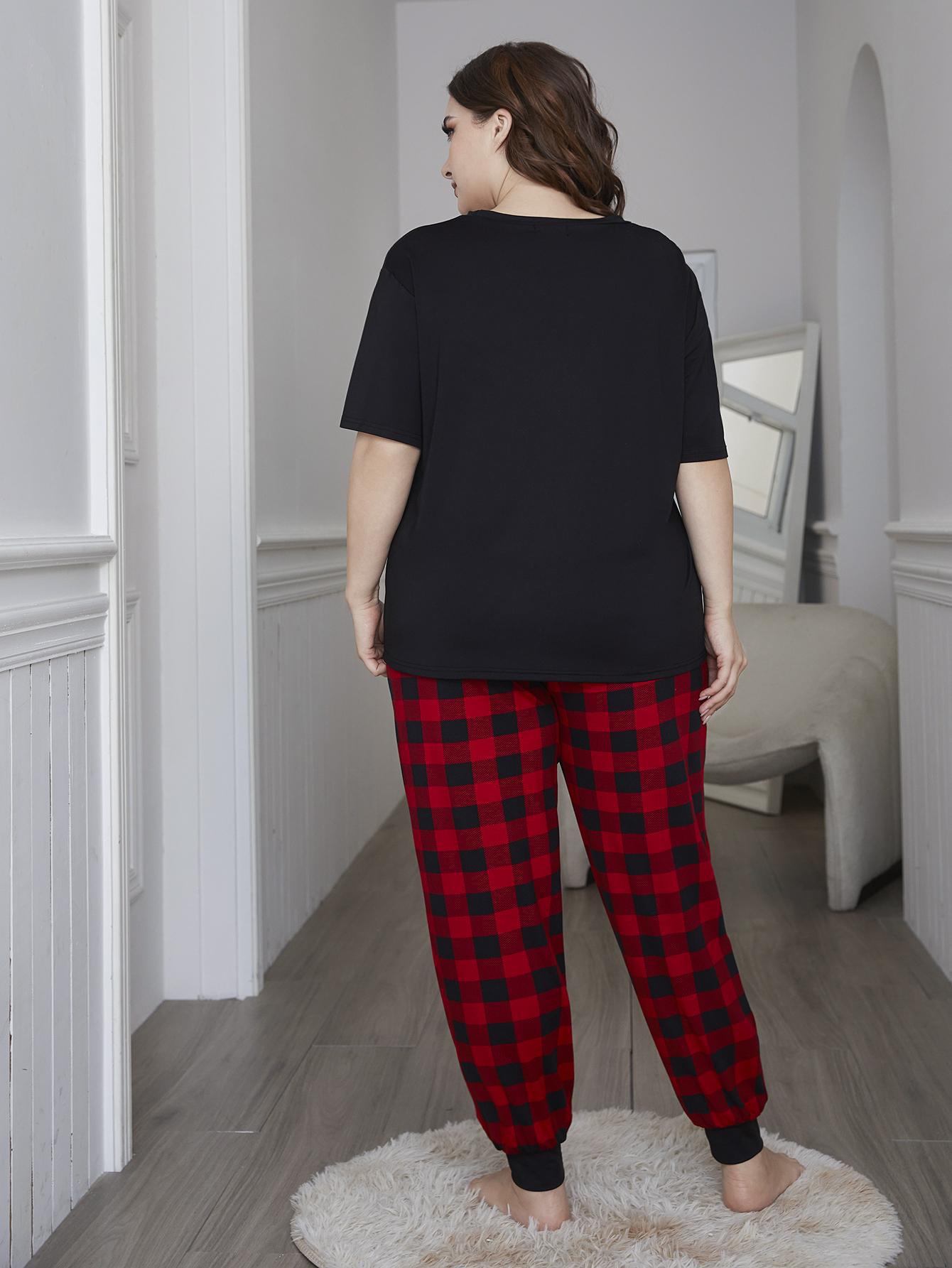 plus size round neck short sleeve loose plaid two-piece Loungewear-Can be worn outside NSWFC130310