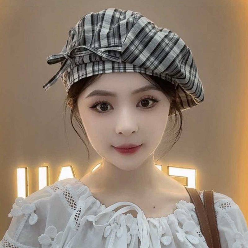 春秋薄款日系复古格子八角帽时尚贝雷帽子女透气显脸小文艺报童帽|undefined