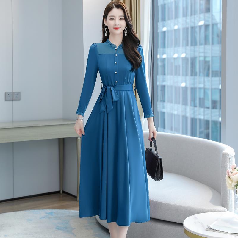 Actual Shot of the 2026 Autumn New Acetate Satin Chiffon Patchwork Dress, Mid-Length Elegant Long Dress