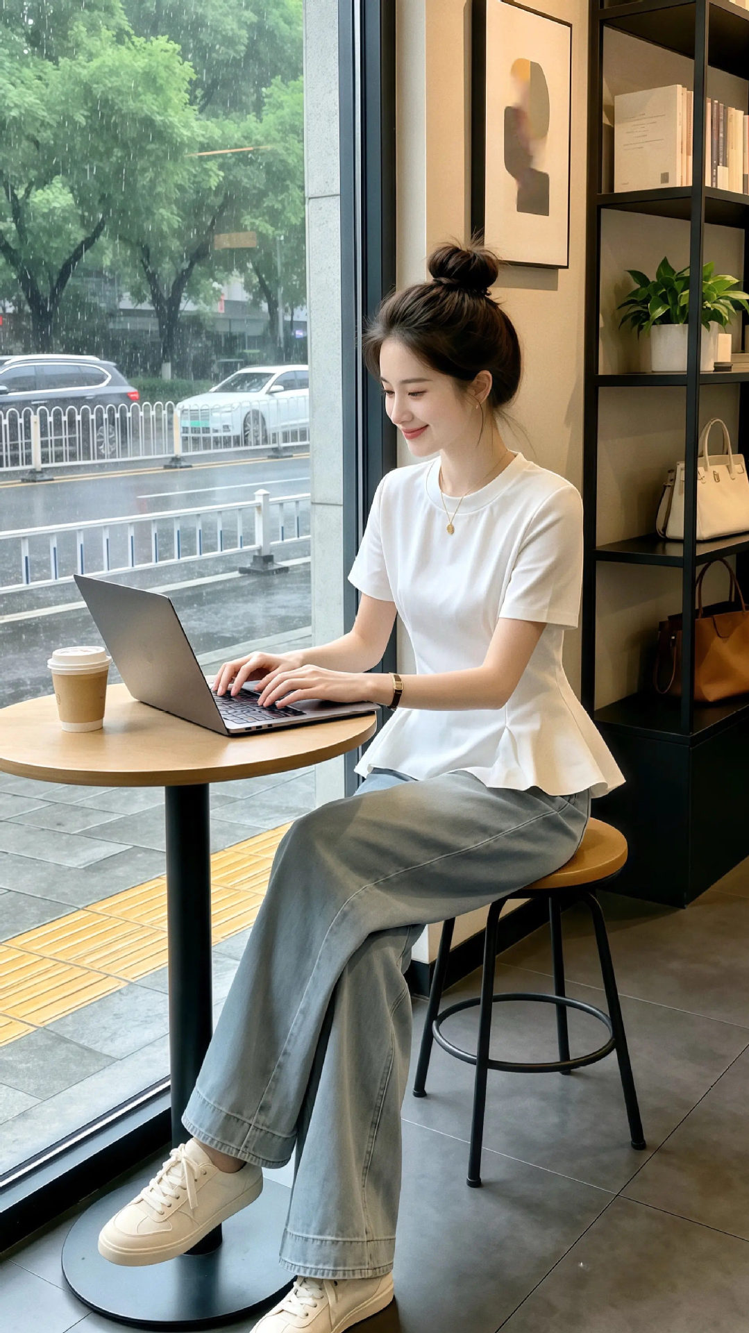 Áo thun nữ cổ tròn tay ngắn viền lá sen, dáng ôm sát — màu đen chi tiết 2
