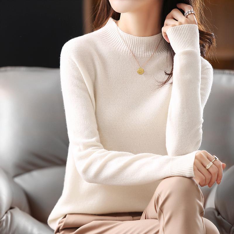 Nuevo medio suéter de cuello alto para mujer Otoño e Invierno suéter corto de color sólido suéter suelto engrosado camisa de fondo entrega de una pieza image 8