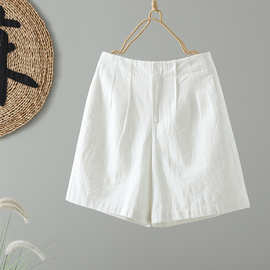 实拍复古白色棉麻西装短裤女夏季薄款高腰a字亚麻阔腿裤中裤热裤