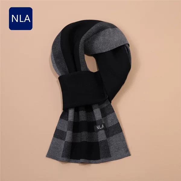 Men's wool scarf, winter warm knitted neck warmer, Korean-style fashionable and versatile long plaid scarf, a great gift