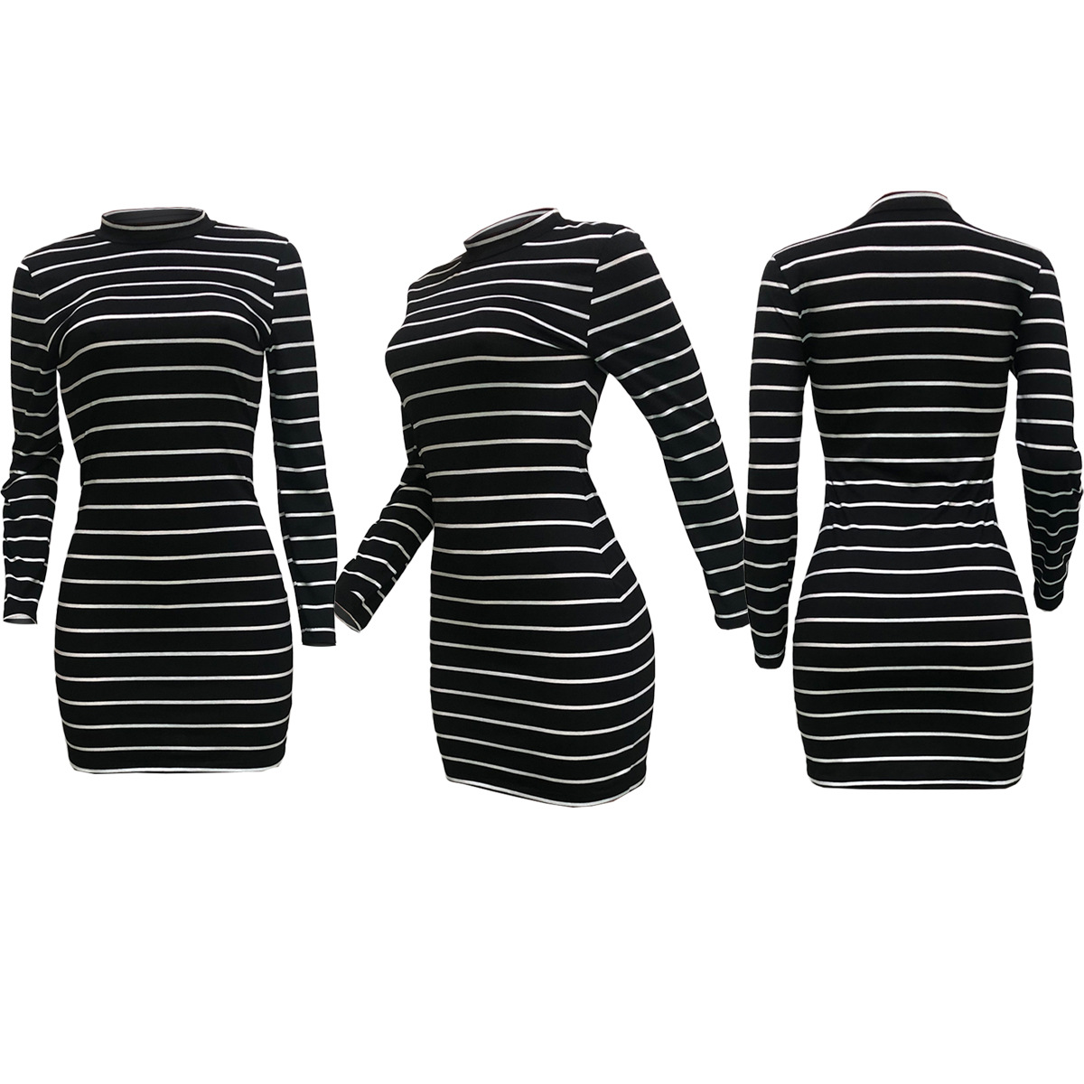 Women Clothing Striped Long Sleeve Short Dress