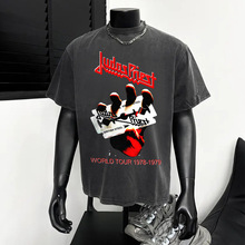 2025跨境夏季新款复古美式街头水洗做旧重磅潮牌t恤直喷工艺短袖