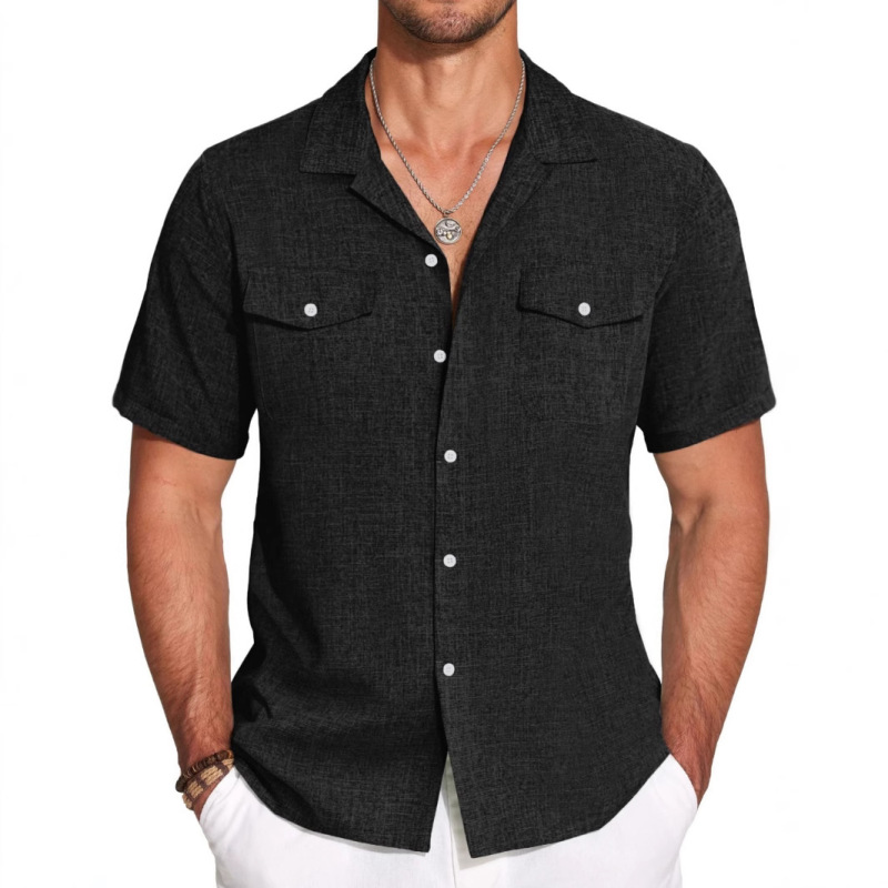 Men's Shirts Summer Cross-Border Men's European and American Linen Youth Shirts Cotton and Linen Solid Color Short-Sleeved Lapel Men's Shirts