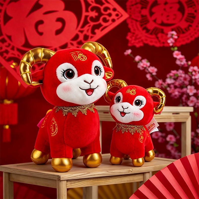 Lucky Sheep Mascot Red Plush Toy, Zodiac Sheep Figurine, Spring Festival and Annual Meeting Gift, Wholesale