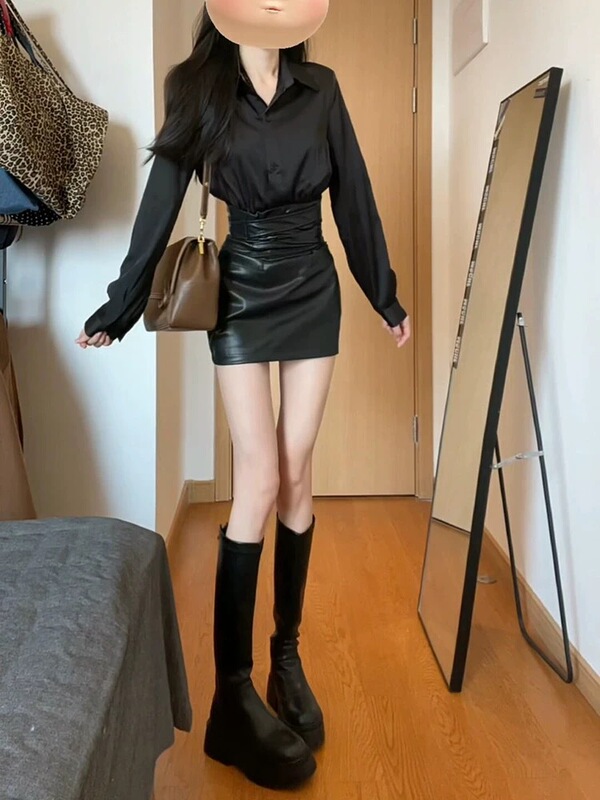 甜辣妹风感纯欲套装气质翻领长袖衬衫女春秋收腰pu皮裙两件套|undefined