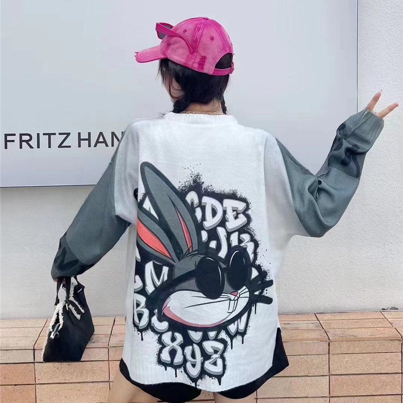 2024 otoño e invierno nuevo estilo de la industria pesada impresión de dibujos animados suéter de conejo diseño femenino suéter de moda suelto top de punto