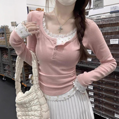 辣妹纯欲风假两件长袖t恤女春秋新款修身显瘦低领内搭小众u领上衣